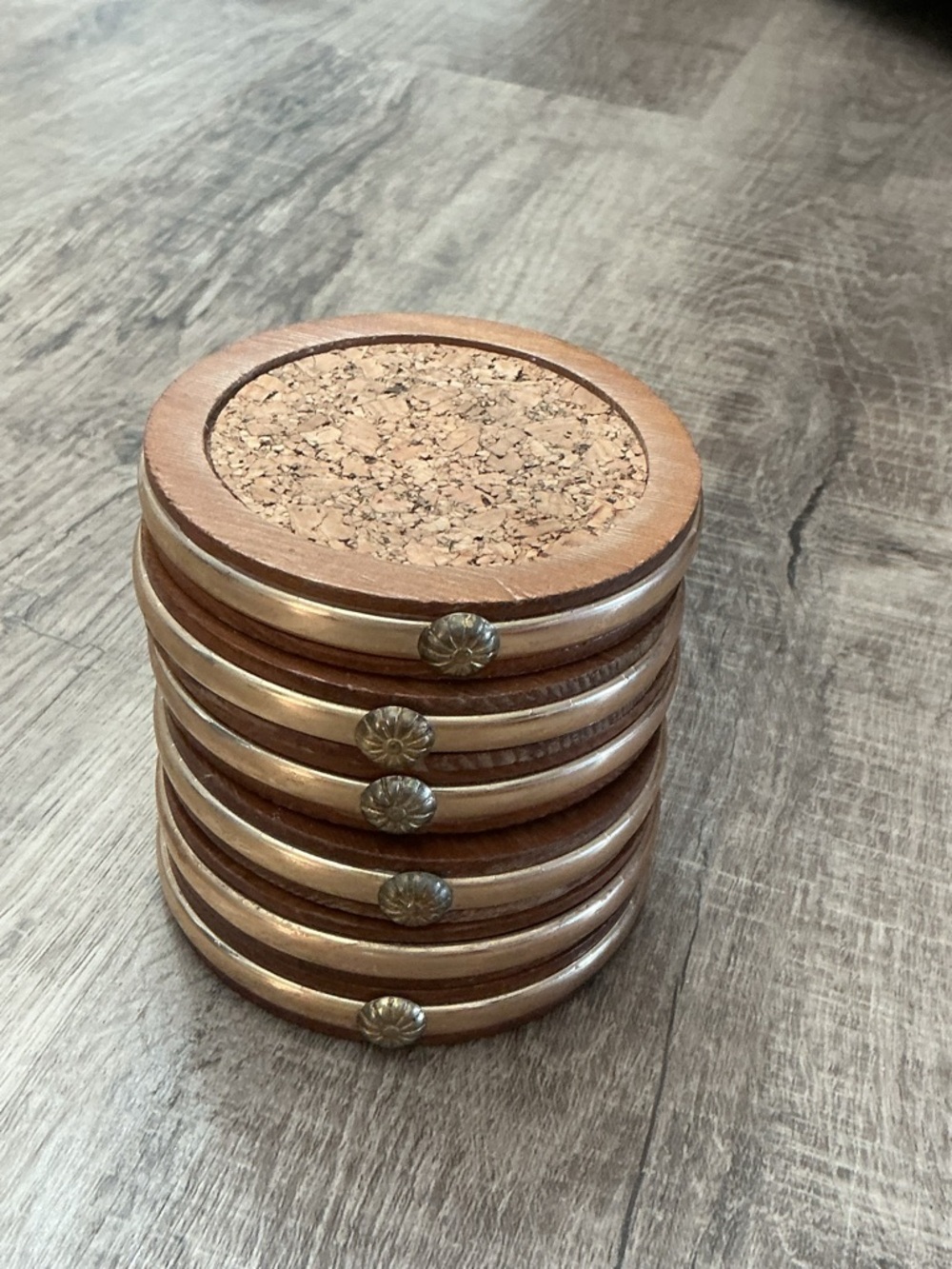 Set of 6 Round Wooden Coasters with Cork Centers and Metal Trim 3 3/4" Diameter